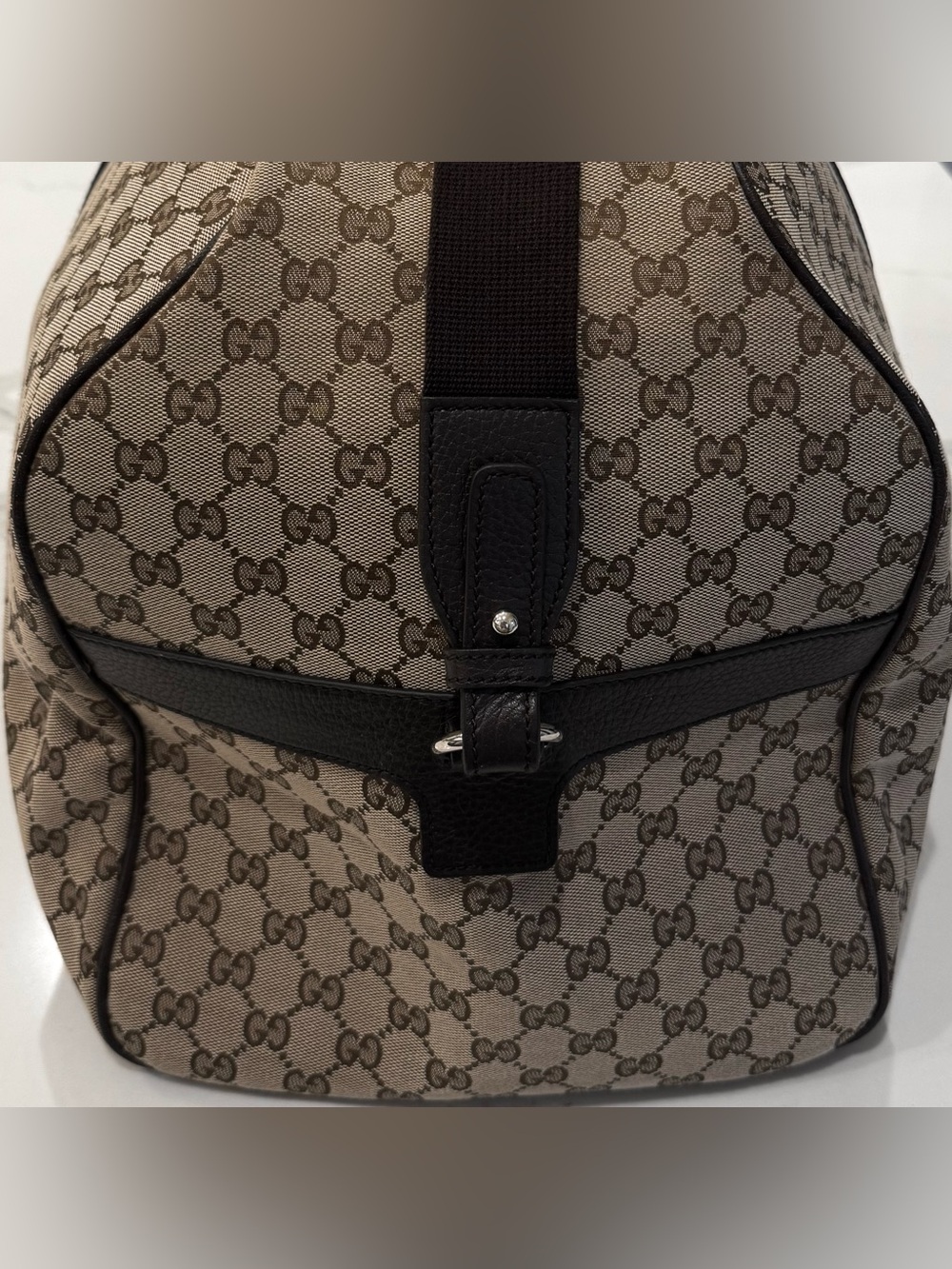 Authentic GUCCI Large GG Logo Beige Canvas Brown Leather Carry on Duffle Bag - Picture 8 of 16